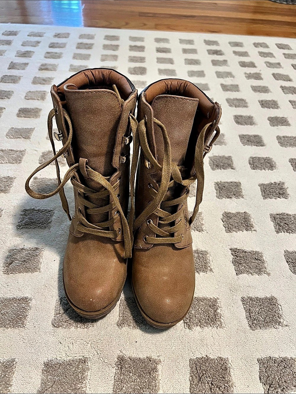 Guess Fellini Buckle Strap Lace-Up Combat Bootie Brown